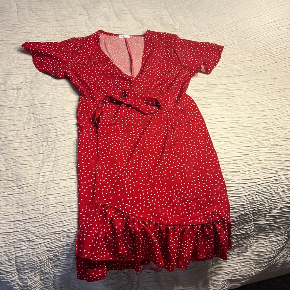 Red & White Polka Dot Ruffled Wrap Dress